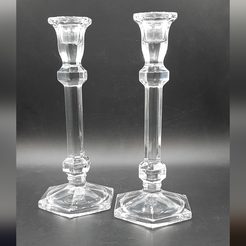 Vtg Crystal Clear Candle Sticks 2 Heavy Leaded Crystal Made in Slovakia 9 1/8"